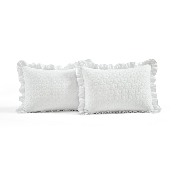French Country Geo Ruffle Skirt 3-Piece White Queen Bedspread Set