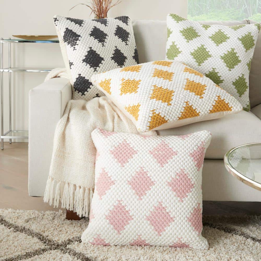 Blush Pink Ivory Woven Diamonds 20" Square Cotton Throw Pillow