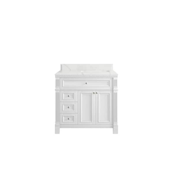 Willow Collections Paris 36 in. W x 22 in. D x 36 in. H Right Offset Sink Bath Vanity in White with 1.5 in. Calacatta Laza qt. Top
