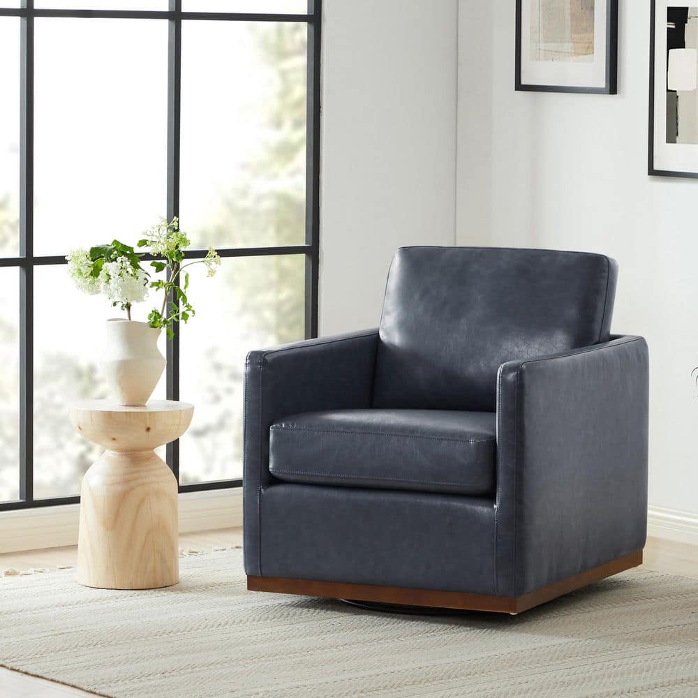Kyle Blue Faux Leather Swivel Mid Century Accent Chairs Upholstered Arm Chair for Living Room or Bedroom