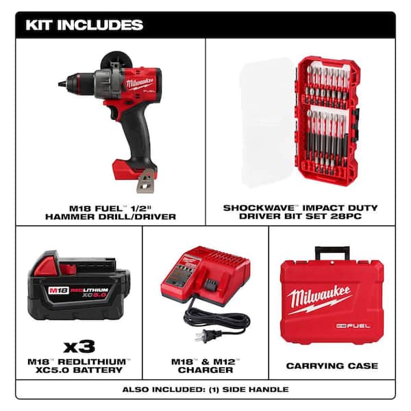 M18 FUEL 18V 1/2 in. Hammer Drill Kit w/ (3) 5. 0Ah Batteries, Hard Case with SHOCKWAVE 28-Pc Impact Set