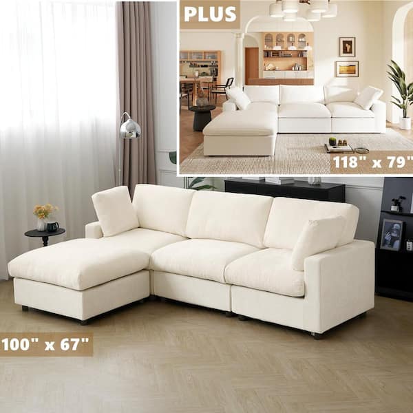 Modular Cloud Couch,101 in. Square Arm Chenille L-Shaped Sofa with Chaise Ottoman,Washable Covers for Apartment in Beige