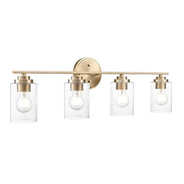 Moven 31 in. 4-Light Modern Gold Vanity Light with Seeded Glass Shades