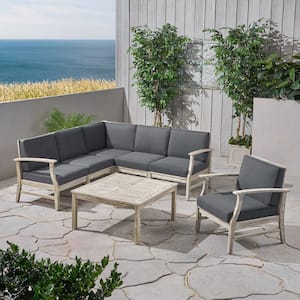 Perla Light Grey 7-Piece Wood Patio Conversation Sectional Seating Set with Dark Grey Cushions