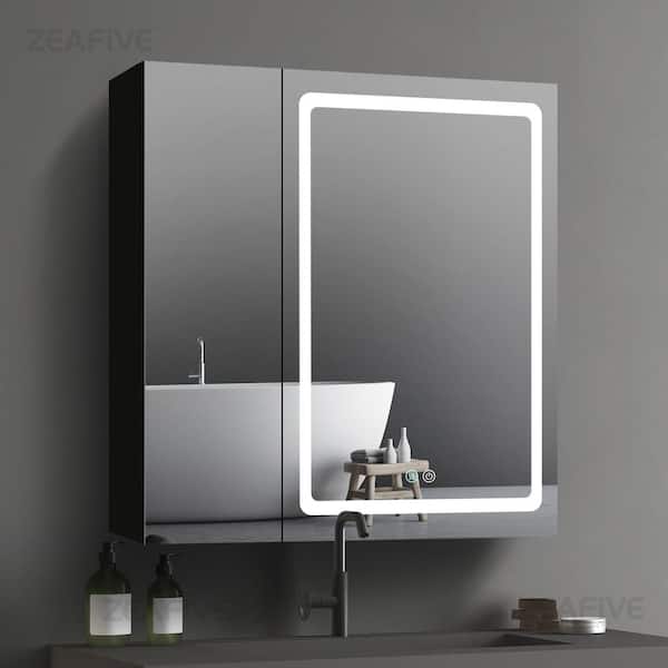 Zeafive 30 in. W x 30 in. H Surface Mount Rectangular Black Aluminum Defogging Led Medicine Cabinet with Mirror for Bathroom