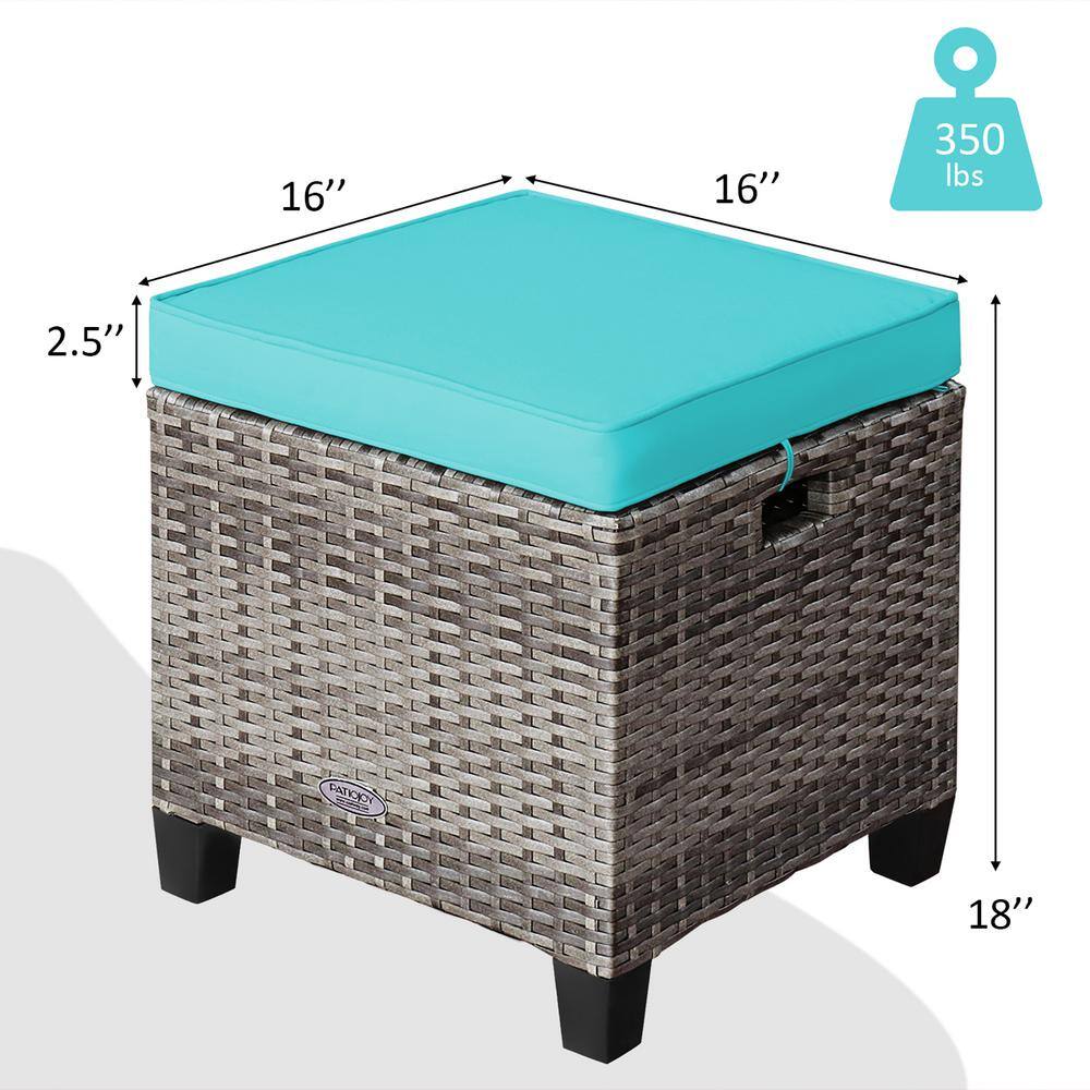 Turquoise Cushioned Rattan Outdoor Ottoman Stool Set
