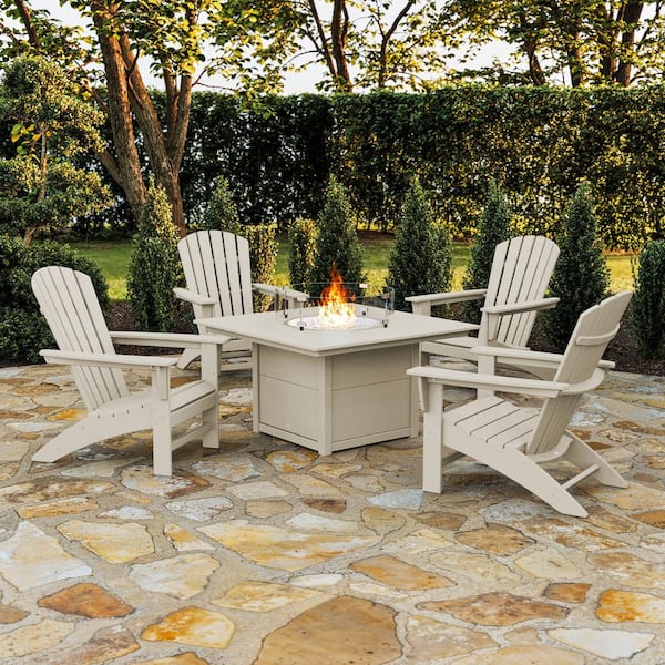 POLYWOOD Grant Park Sand 5-Piece Plastic Patio Adirondack Conversation Set with Patio Fire Pit Table