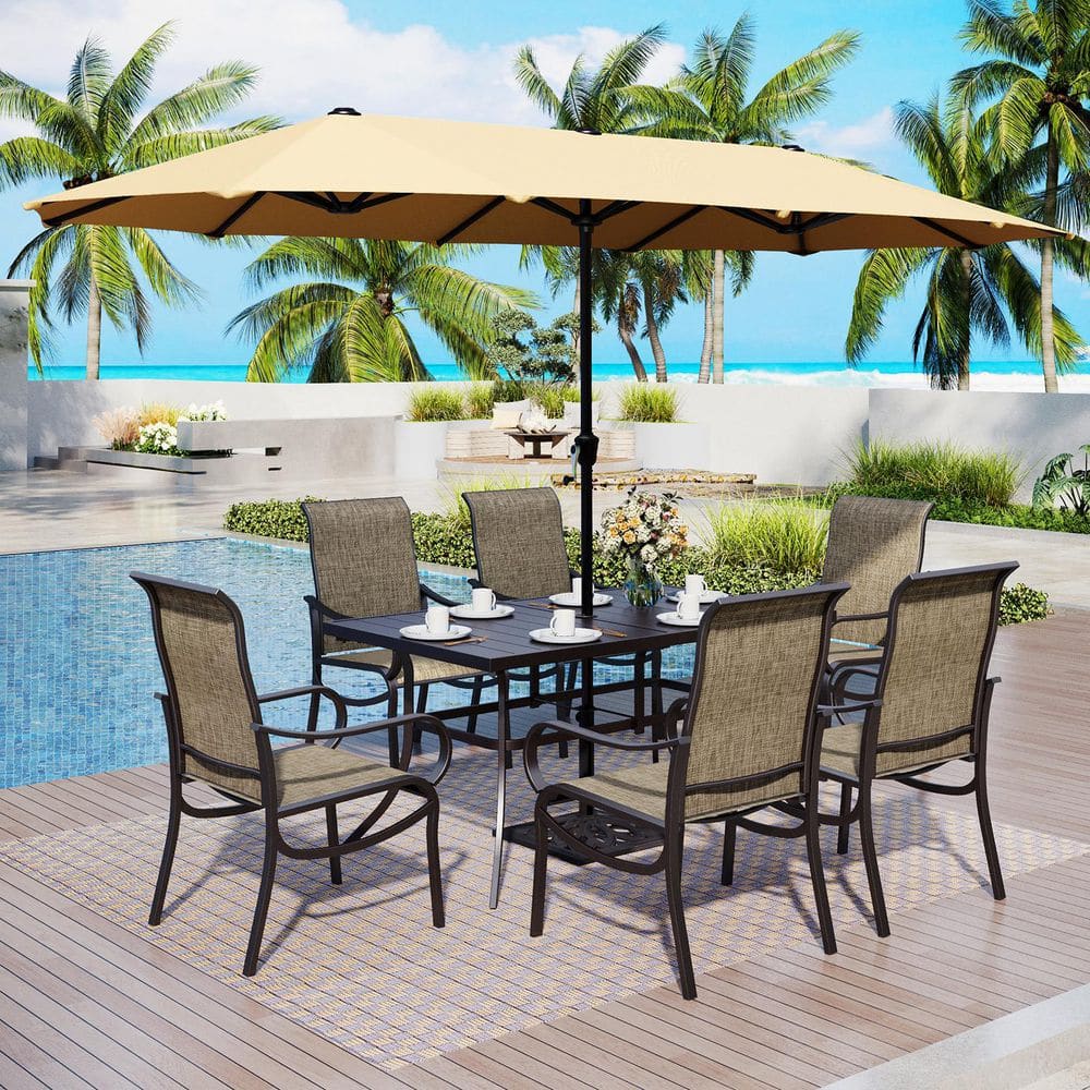 Black 8-Piece Metal Rectangle Patio Outdoor Dining Set with Table, Umbrella and Textilene Chairs price history on PriceWatchPro