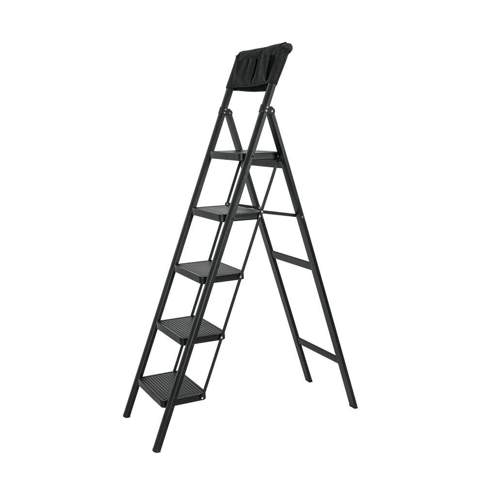 5 ft. Reach 5-Step Ladder Iron Foldable Step Stool with Tool Bag Load-Bearing 330 lbs. for Home Office Indoor, Outdoor price history on PriceWatchPro