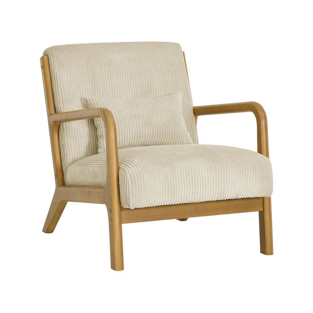 Mid-Century Modern Beige Corduroy Wood Frame Accent Arm Chair with Pillow Upholstered
