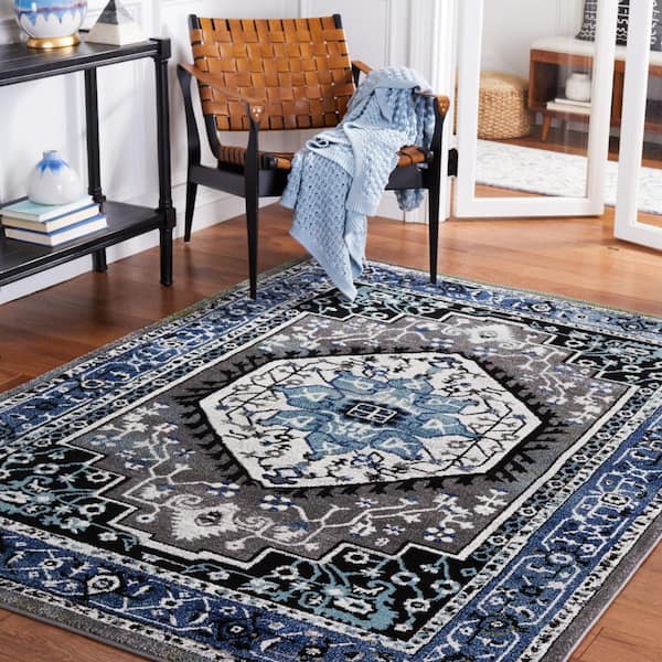 Vintage Hamadan 7 ft. x 9 ft. Blue/Gray Floral Medallion Ornate Area Rug