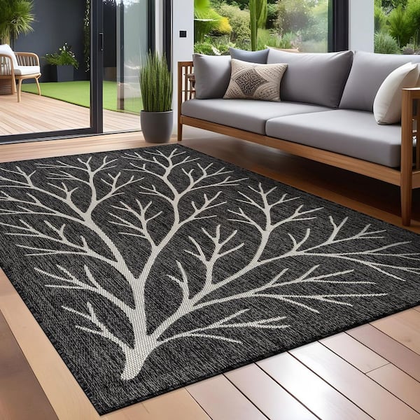 Flora Dark Gray 10 ft. x 14 ft. Coral Branch Washable Indoor Outdoor Area Rug