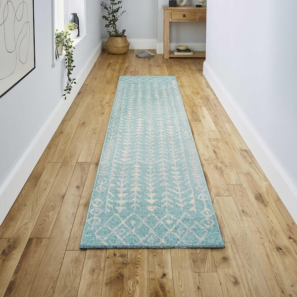 Ziri Moroccan Geometric Turquoise/Cream 2 ft. x 8 ft. Runner Rug