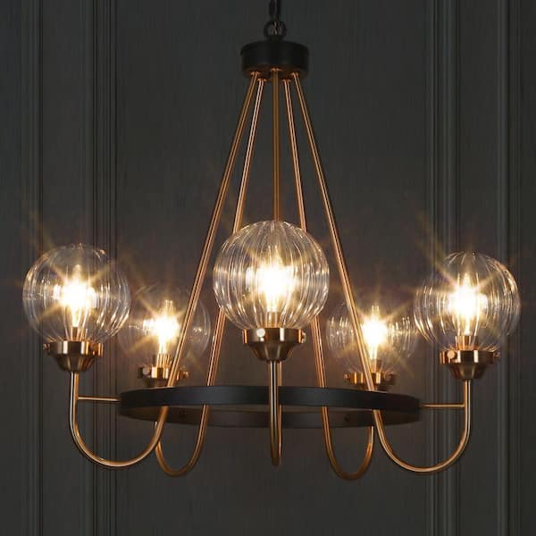 5-Light Brass Chandelier Lighting, Sputnik Pendant Lights for Kitchen Island, Modern Black Chandelier with Round Glasses