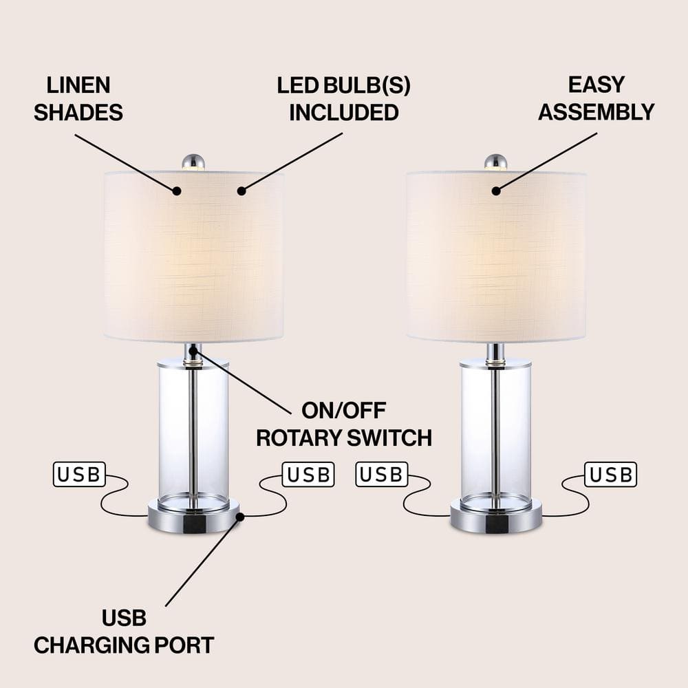 Abner 21" Chrome and Clear Glass USB Table Lamp Set