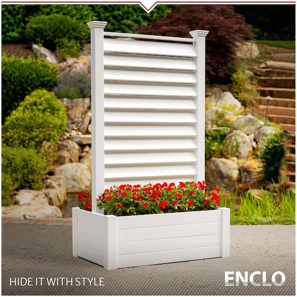 Lexington 6 ft. x 3.6 ft. x 2 ft. White Freestanding Vinyl Louvered Flat Top Privacy Fence Panel Screen and Planter Box
