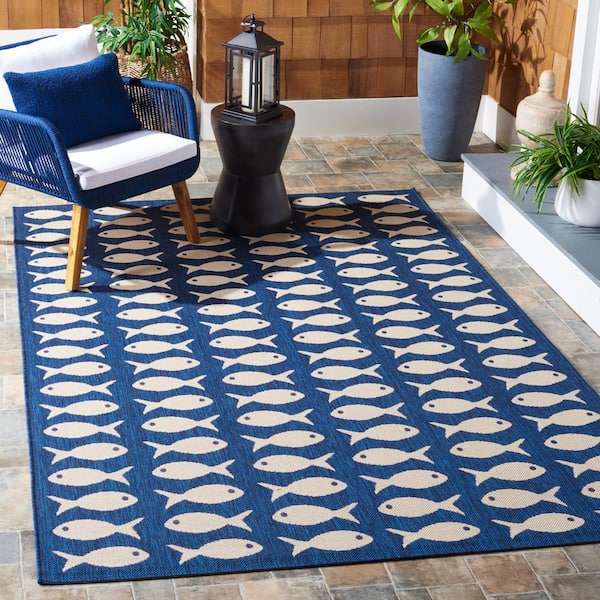 Courtyard Navy/Beige 4 ft. x 4 ft. Geometric Fish Indoor/Outdoor Square Area Rug