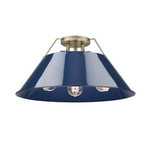 Orwell 18.75 in. 3-Light Aged Brass and Matte Navy Flush Mount