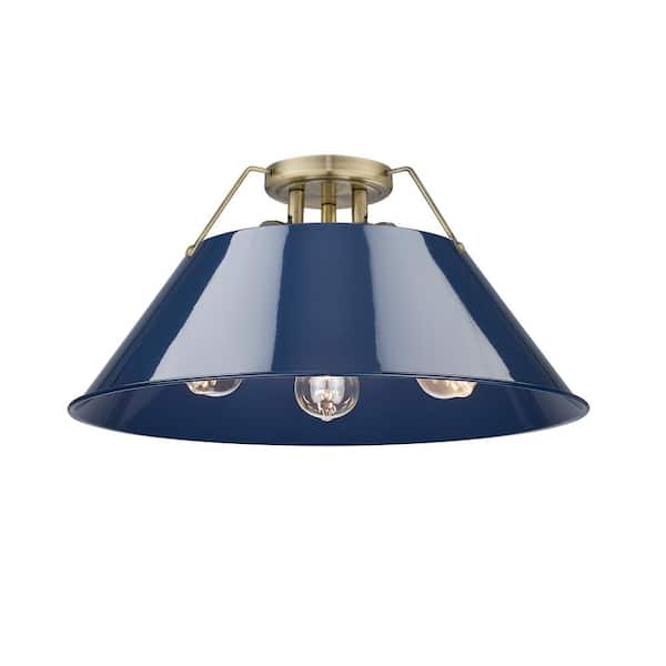 Golden Lighting Orwell 18.75 in. 3-Light Aged Brass and Matte Navy Flush Mount
