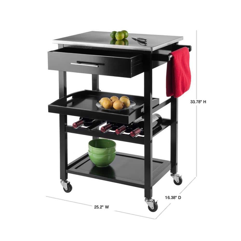 Black Stainless Steel Top Kitchen Cart with Wine Rack