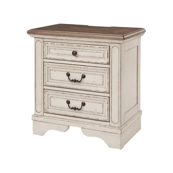 Benjara 27 in. White, Black, and Brown 3-Drawer Wooden Nightstand ...