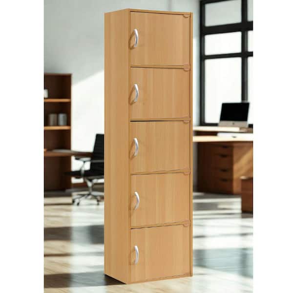 59 in. Tall Beech Wood 5-Shelf Bookcase with 5-Doors Enclosed Storage 5-Tier Bookshelf for Home or Office
