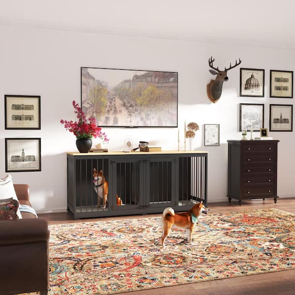 71 in. Large Dog Kennel Furniture for 2-Dogs, Heavy-Duty Wooden Dog Crate with Divider for Large Medium Dogs, Black