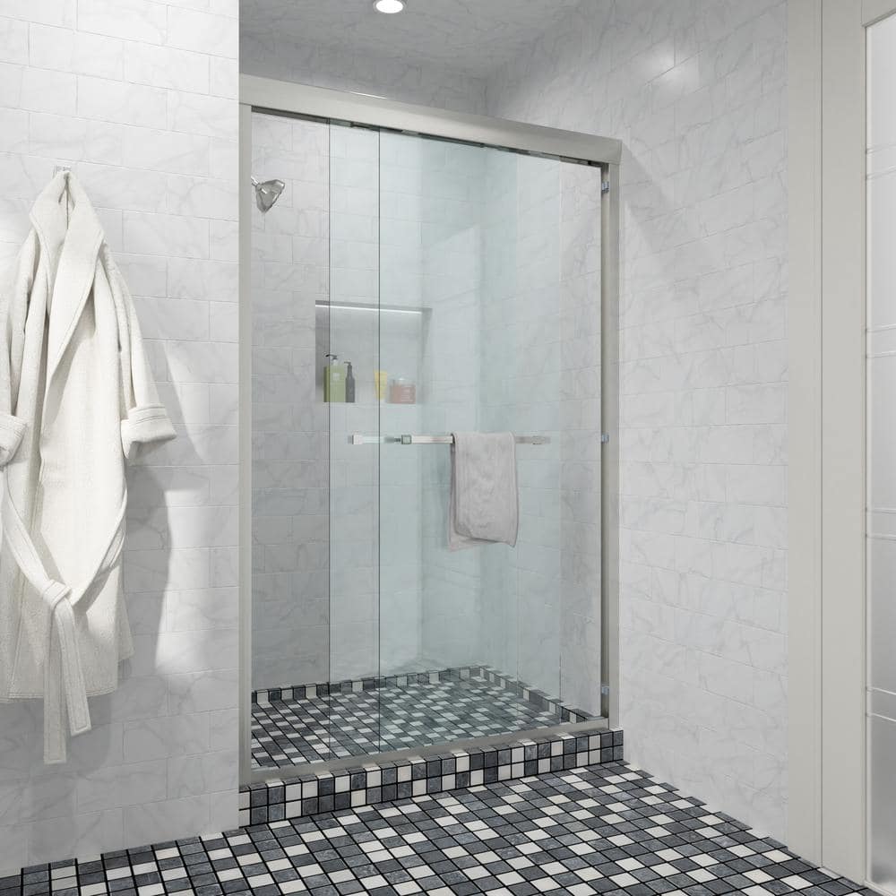 48" Brushed Nickel Semi-Frameless Sliding Shower Door with Clear Glass