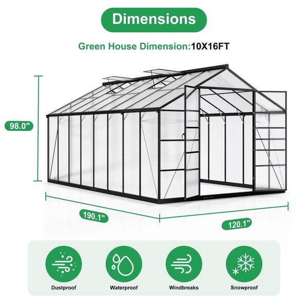 NETAJE 10 ft W x 16 ft D Black Polycarbonate Greenhouse with Quick