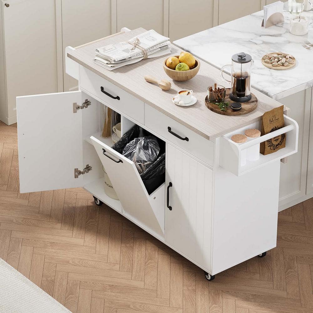 White Wood 42 in. Kitchen Island with Storage, 2 Door Kitchen Island Cart w