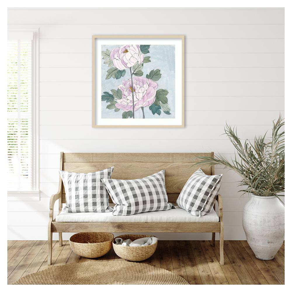 Striped Peonies IV Natural Wood Framed Wall Art Print