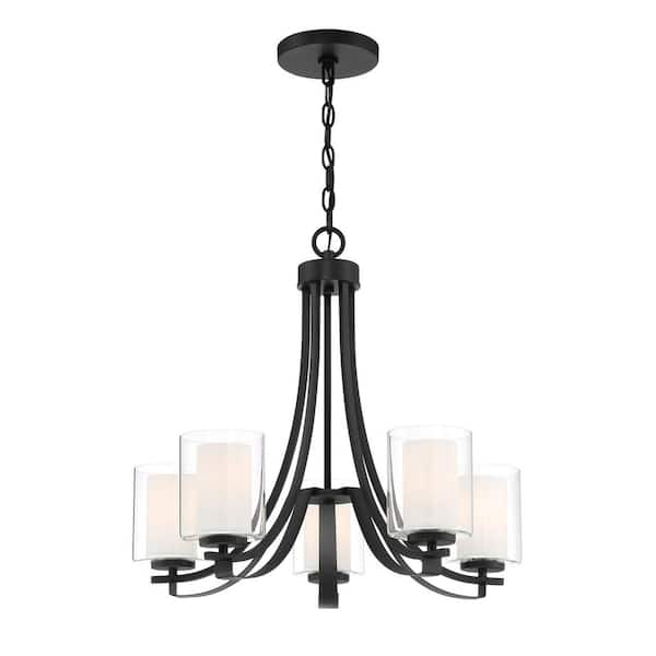 Minka Lavery Parsons Studio 5-Light Sand Black Candle Style Chandelier with Clear and Etched White Glass Shades