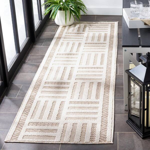 Global 2 ft. x 8 ft. Ivory/Beige High-Low Geometric Grid Runner Rug