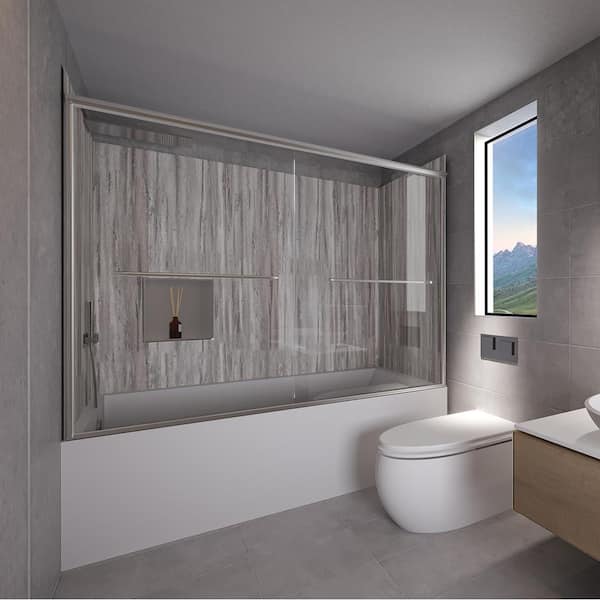 NuVo Driftwood-Rainier 60 in. L x 32 in. W x 83 in. H Rectangular Tub/ Shower Combo Unit in Chrome Left Drain
