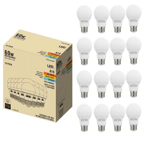 60-Watt Equivalent A19 E26 Base Non-Dimmable LED Light Bulb with Selectable Color Temperature (16-Pack)