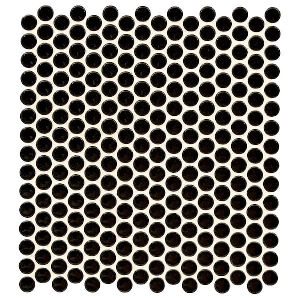 Penny Round Nero 12 in. x 13 in. Glossy Porcelain Mosaic Tile (14.4 sq. ft. / Case)