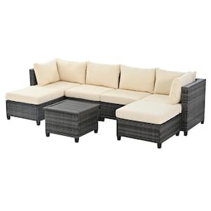 7-Piece Wicker Outdoor Sectional Set with Beige Cushions
