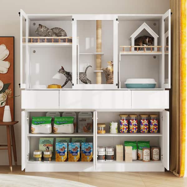 FUFU&GAGA 2-In-1 Storage Cabinet and Cat Litter Box Enclosure Cat Bed with Scratching Pad, Large Cat House with 3 Drawers, White