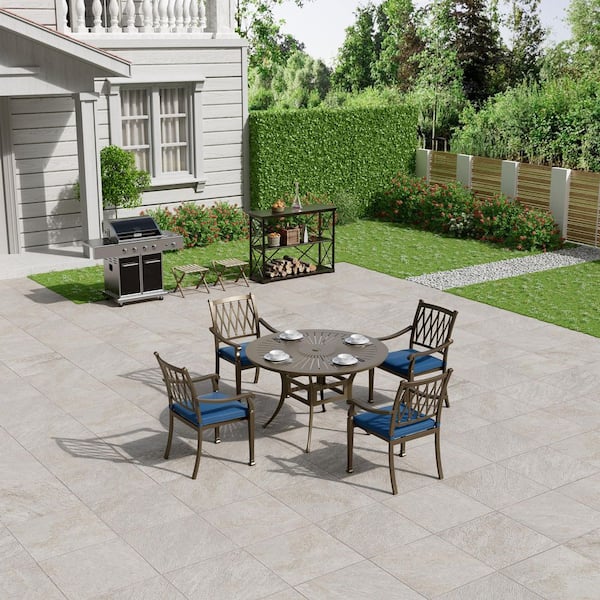 5-Piece 48 in. Round Table Brown Cast Aluminum Outdoor Dining Set with 4-Dining Chairs and Navy Blue Cushions