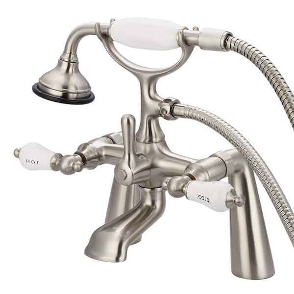 Water Creation 3-Handle Claw Foot Tub Faucet with Labeled Porcelain Lever Handles and Handshower in Brushed Nickel