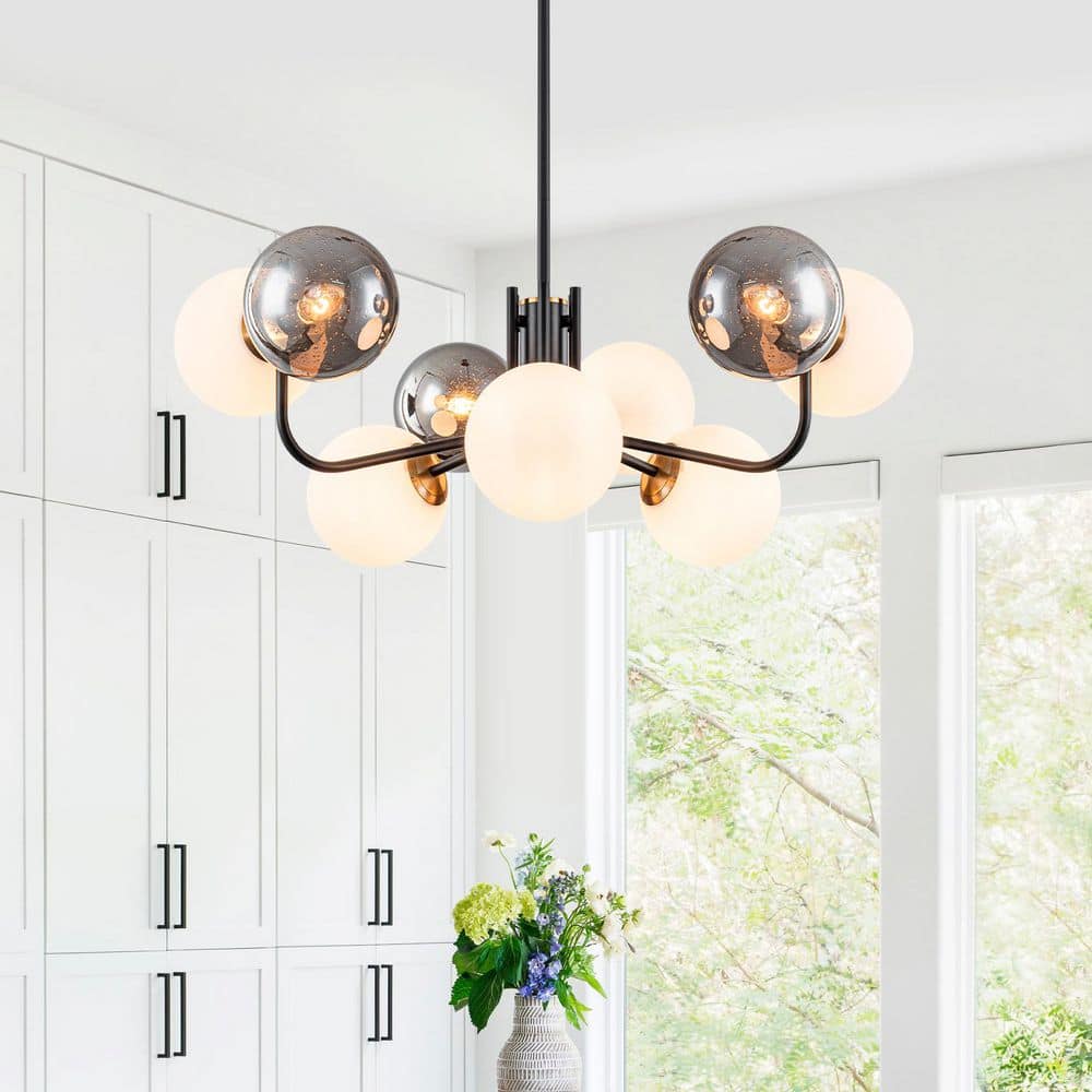 28.35 in. 9-Light Modern Matte Black Branch Chandelier with Smoky Gray and White Glass Shade price history on PriceWatchPro