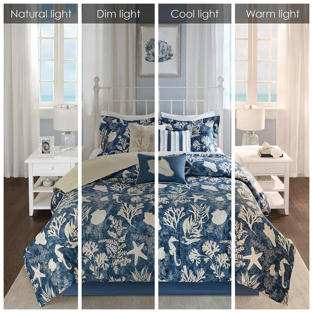Blue Coastal Cotton Queen Comforter Set with Embroidered Details
