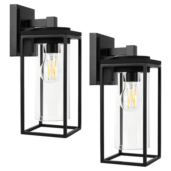12 in Black Non Motion Sensing Outdoor Hardwired Wall Lantern Sconce with No Bulbs Included (2-Pack)