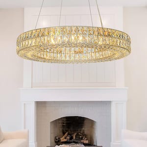 12-Light 31.5 in. W Modern And Contemporary Lighting Soft Gold Crystal Ring Chandelier For Dining Room