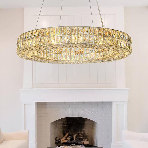 12-Light 31.5 in. W Modern And Contemporary Lighting Soft Gold Crystal Ring Chandelier For Dining Room