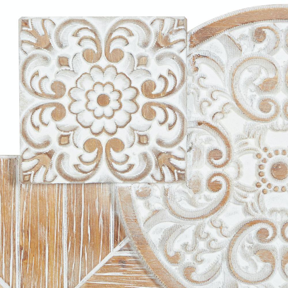 White and Light Brown Weathered Wood Floral Wall Sculpture