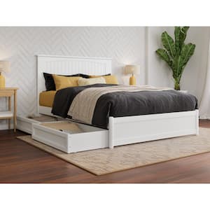 Malta White Solid Wood Frame Full Platform Bed with Panel Footboard and Storage Drawers