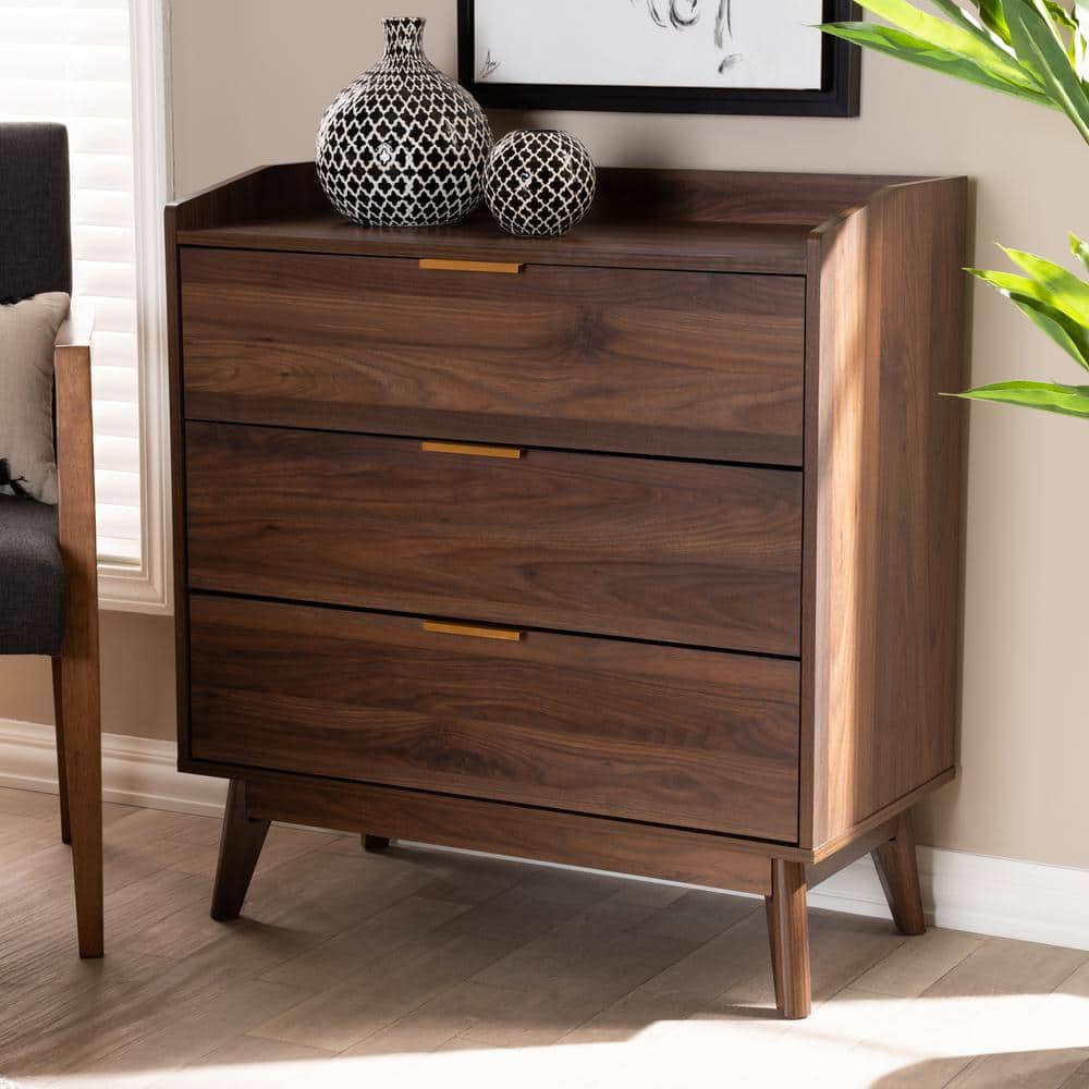 Lena Mid-Century Walnut 3-Drawer Chest with Gold-Tone Handles
