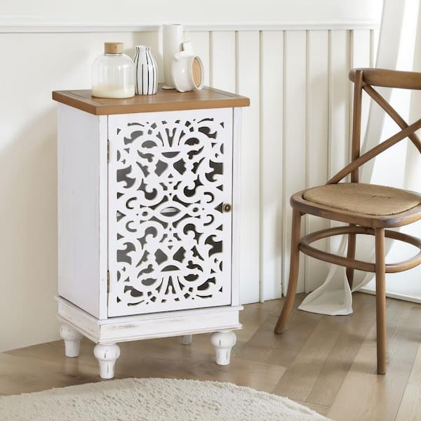 PHI VILLA 13.78 in.White Hollow-Carved MDF Modern Buffet Sideboard with Solid Wood Legs