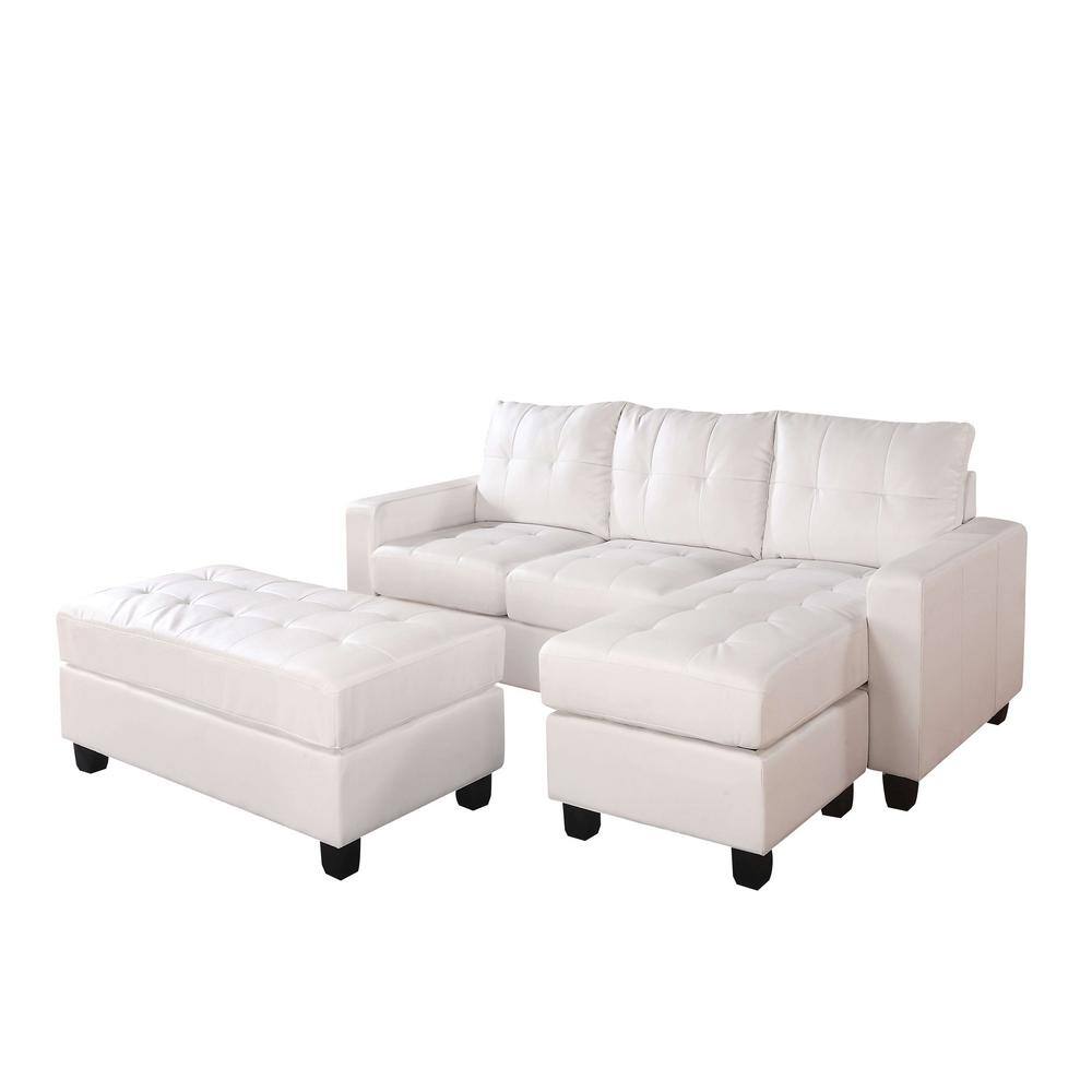83 in. W White Square Arm 3-Piece Bonded Leather Match L-shape Sectional So